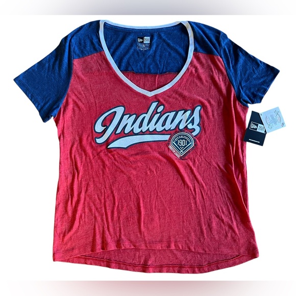 NWT NEW ERA Women’s Cleveland Indians MLB T-Shirt Size XL V-Neck Glitter - Picture 1 of 8